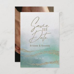 Elegantes Aqua Ocean & Gold Save the Date