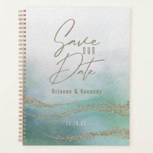 Elegantes Aqua Ocean & Gold Save the Date Planer