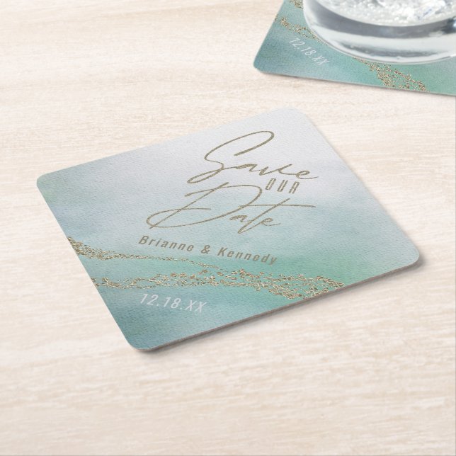 Elegantes Aqua Ocean & Gold Save the Date Untersetzer (angewinkelt)