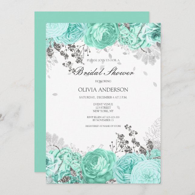 Elegantes Aqua Silver Floral Brautparty Einladung (Vorne/Hinten)