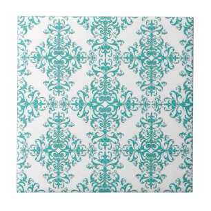 Elegantes Aqua Türkis über weißes Damask-Muster Fliese