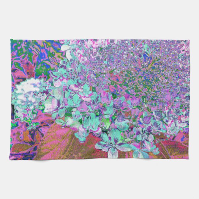 Elegantes Aqua und Lila Limelight Hydrangea Detail Geschirrtuch (Horizontal)