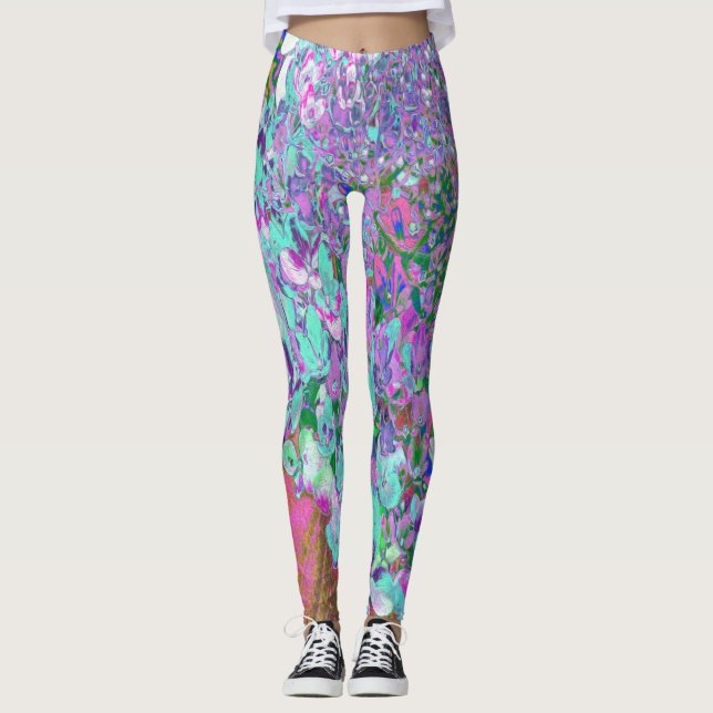 Elegantes Aqua und Lila Limelight Hydrangea Detail Leggings (Vorderseite)
