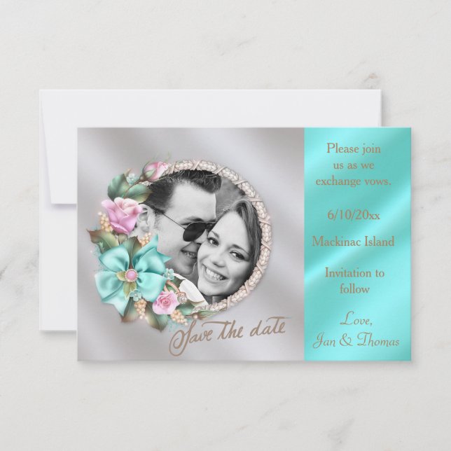 Elegantes Aquamarin-Gold-Silber-Foto Save the Date (Vorderseite)