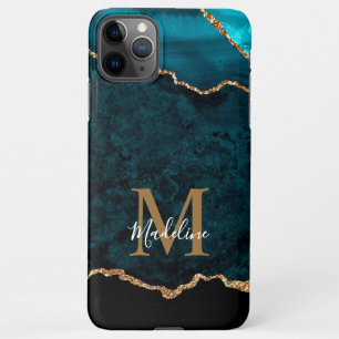 Elegantes Aquamarin Marble Agate Geode Gold Monogr iPhone 11Pro Max Hülle