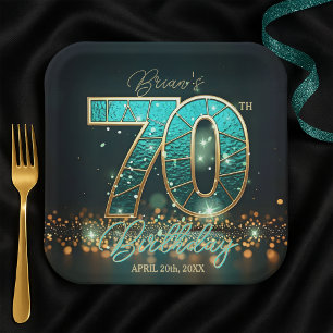 Elegantes Aquamarin- und Goldglas 70. Geburtstag Pappteller