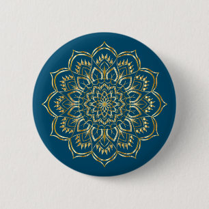 Elegantes, Aquamarines Blau- und Goldflorentmuster Button