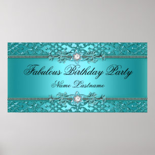 Elegantes Aquamarines Blue Damask-Banner Poster