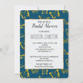 Elegantes Aquamarines Blue Gold Butterflies Brautp Einladung