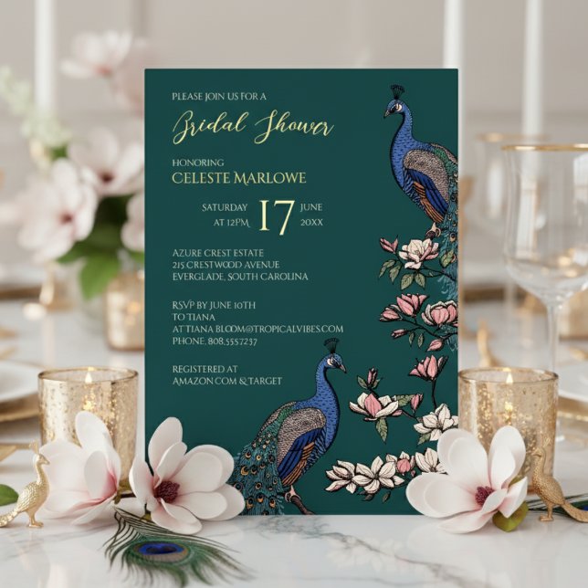 Elegantes Aquamarines Brautparty Folieneinladung (Elegant Teal, Gold Foil Floral Peacock Bridal Shower Invitations for Her. Classy Bird Teal Feathers)