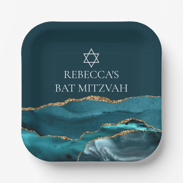 Elegantes Aquamarines Gold Bat Mitzvah Party Custo Pappteller (Vorderseite)