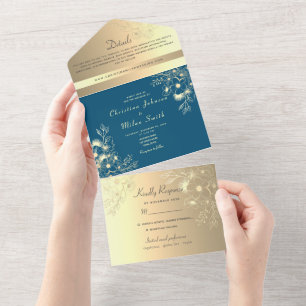 Elegantes Aquamarines Gold Floral Foto Hochzeit All In One Einladung