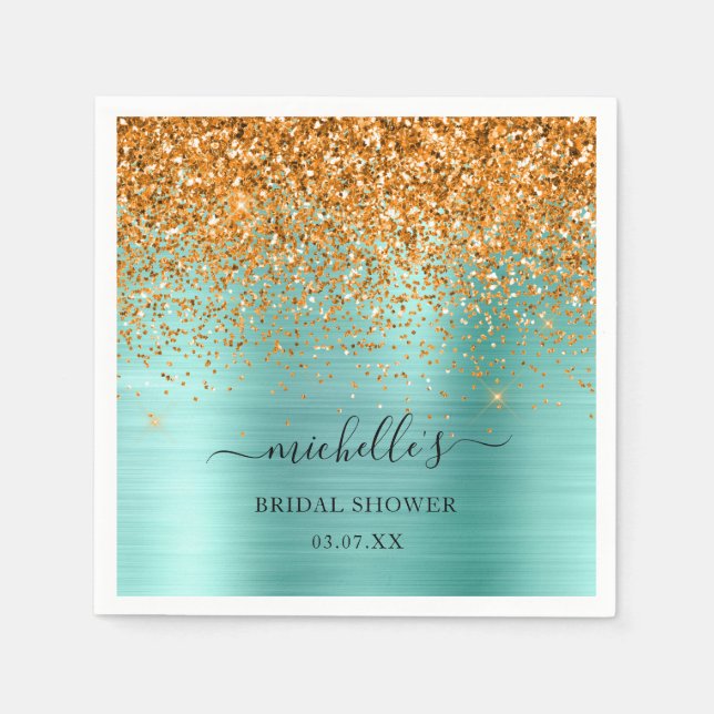 Elegantes Aquamarines Gold Glitzer Sparkle Namenss Serviette (Vorderseite)