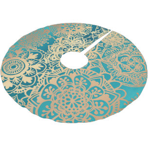 Elegantes Aquamarines Green- und Gold Mandala-Must Polyester Weihnachtsbaumdecke