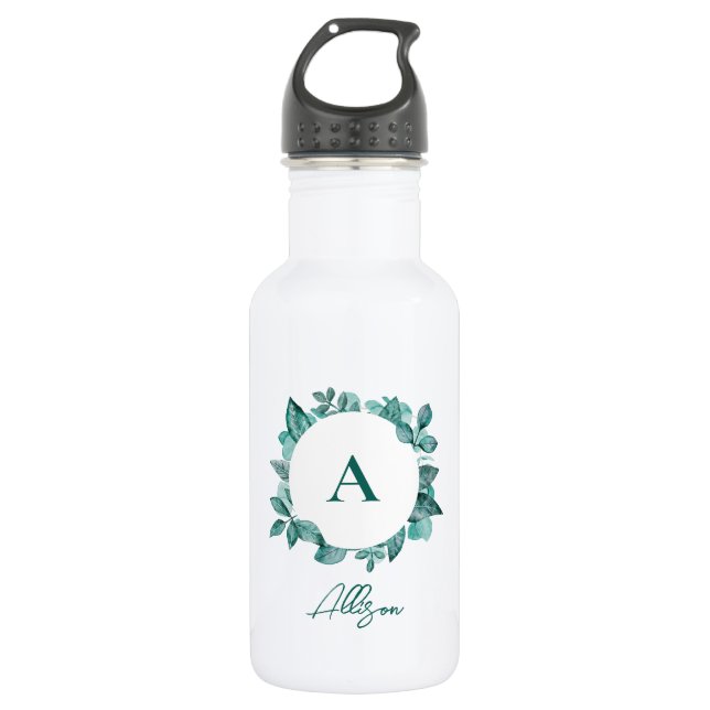 Elegantes Aquamarines Greenery Watercolor Monogram Edelstahlflasche (Vorderseite)