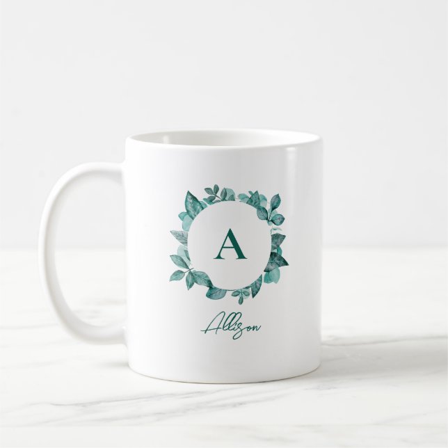 Elegantes Aquamarines Greenery Watercolor Monogram Kaffeetasse (Links)