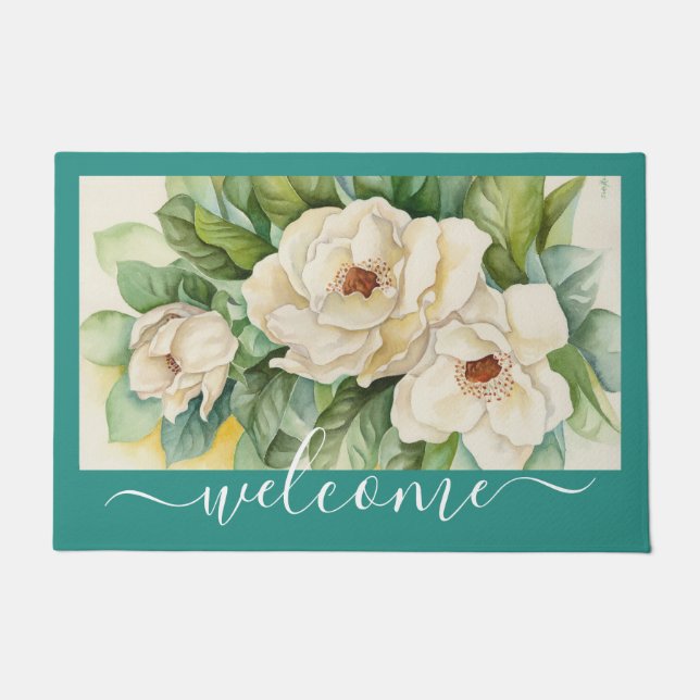 Elegantes Aquamarines Magnolia Floral Begrüßungssc Fußmatte (Vorderseite)