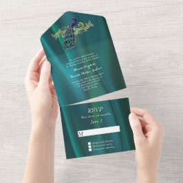 Elegantes Aquamarines Satin und Peacock All In One Einladung