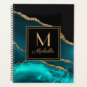 Elegantes Aquamarines Schwarzes-Gold-Marmor-Monogr Planer