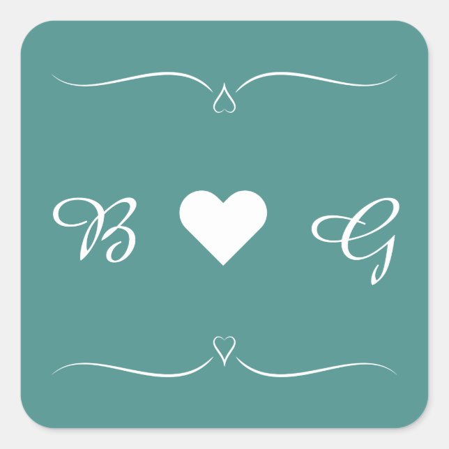 Elegantes Aquamarines Wedding Heart Monogram Lette Quadratischer Aufkleber (Vorderseite)