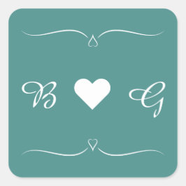 Elegantes Aquamarines Wedding Heart Monogram Lette Quadratischer Aufkleber