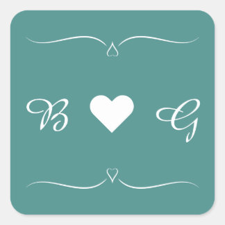 Elegantes Aquamarines Wedding Heart Monogram Lette Quadratischer Aufkleber