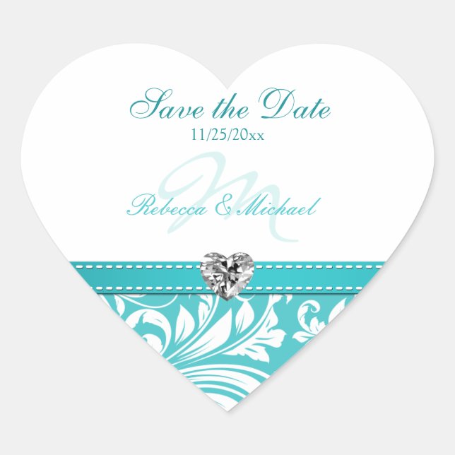 Elegantes aquamarines Wedding Monogramm Save the Herz-Aufkleber (Vorderseite)