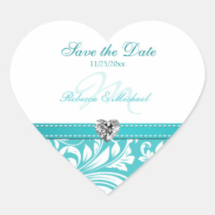 Elegantes aquamarines Wedding Monogramm Save the Herz-Aufkleber