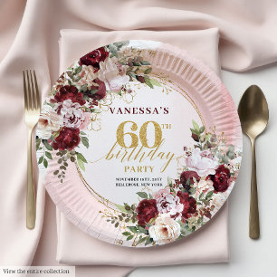 Elegantes Aquarell Boho Burgunder-Rosa 60. Geburts Pappteller