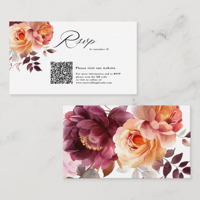 Elegantes Aquarell Burgund QR Code Wedding RSVP Begleitkarte (Vorne/Hinten)