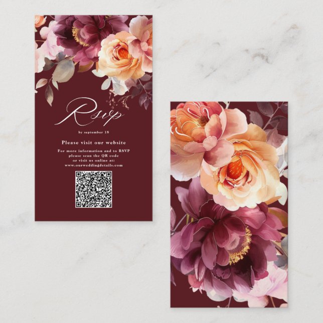 Elegantes Aquarell Burgund QR Code Wedding RSVP Begleitkarte (Vorne/Hinten)