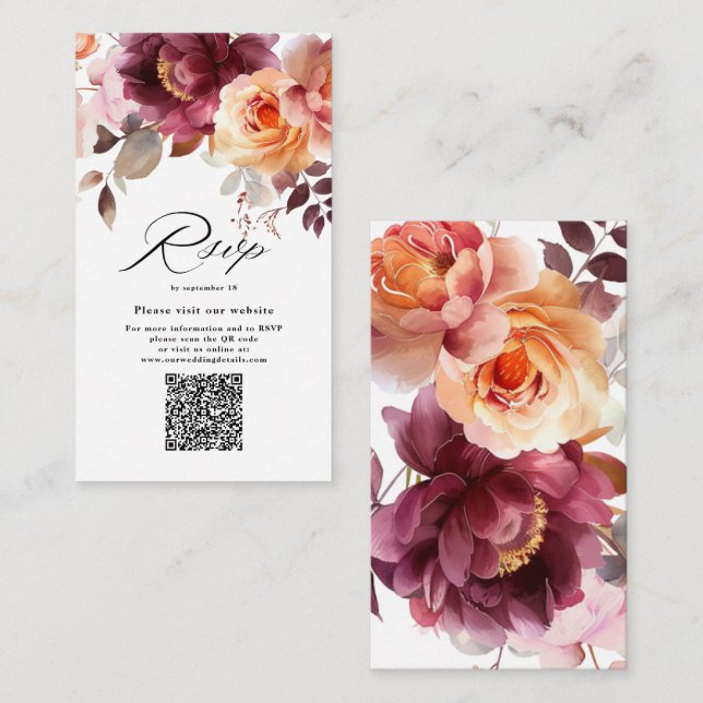 Elegantes Aquarell Burgund QR Code Wedding RSVP Begleitkarte (Vorne/Hinten)