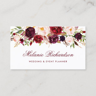 Elegantes Aquarell Burgunder Marsala mit Blumen Visitenkarte