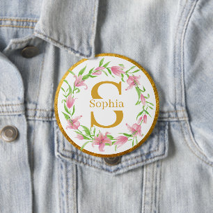 Elegantes Aquarell Gold Rosa Florales Lilien Monog Button