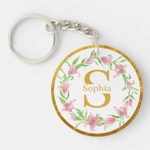 Elegantes Aquarell Gold Rosa Florales Lilien Monog Schlüsselanhänger