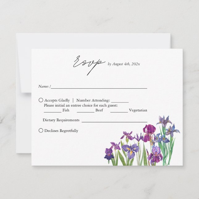 Elegantes Aquarell Iris Blume Hochzeit RSVP Karte (Vorderseite)