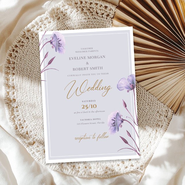 Elegantes Aquarell lila und goldfarbenes Boho Einladung (Elegant watercolor purple and gold floral boho invitation)