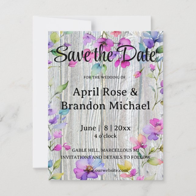 Elegantes Aquarell lila Wildblumen Barnwood Save The Date (Vorderseite)