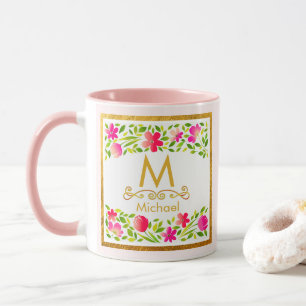 Elegantes Aquarell Rosa Blumen Gold Monogramm Tasse