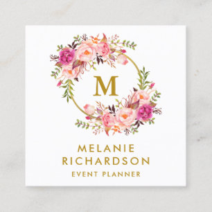 Elegantes Aquarell-Rosa-Blumengoldmonogramm Quadratische Visitenkarte