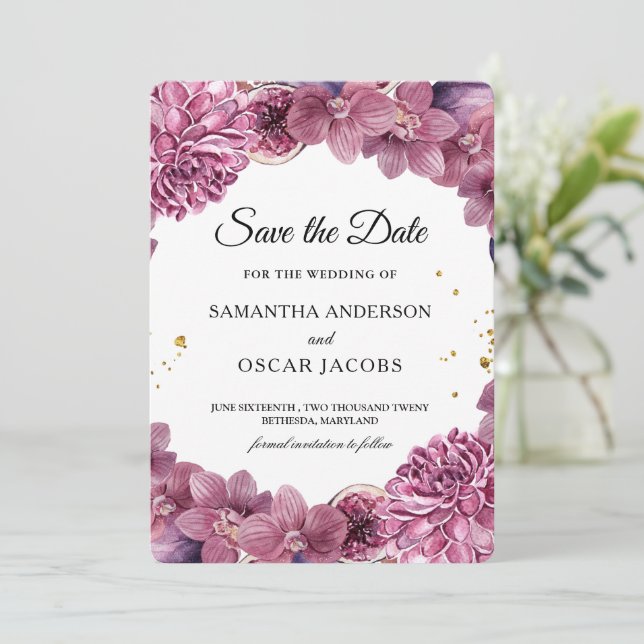 Elegantes Aquarell Rosa & Lila Orchideen & Figuren Save The Date (Stehend Vorderseite)