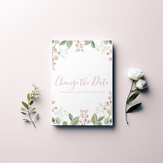 Elegantes Aquarell Rosa und Grün Save The Date (Elegant watercolor "Change the Date" card. Featuring a beautiful pink and green flower border.)
