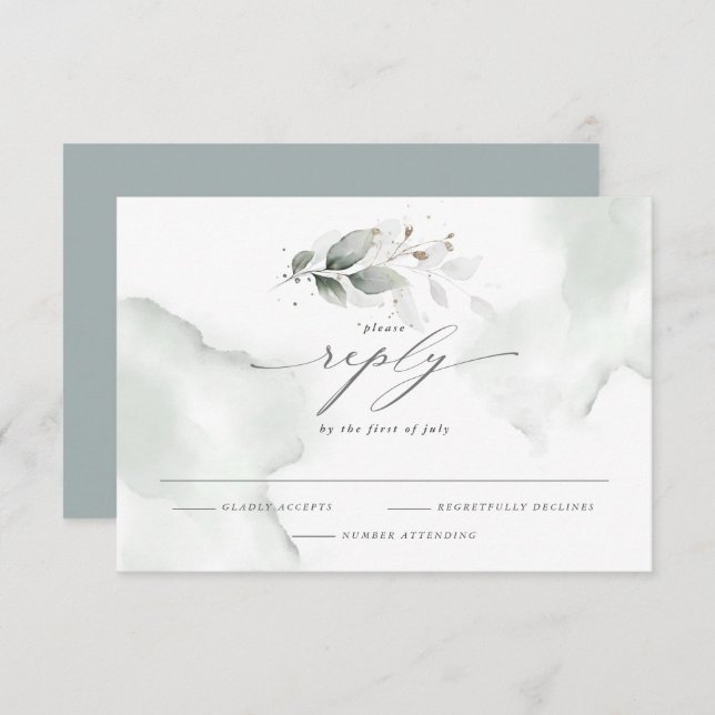Elegantes Aquarellblatt Dusty Green RSVP Karte (Vorne/Hinten)
