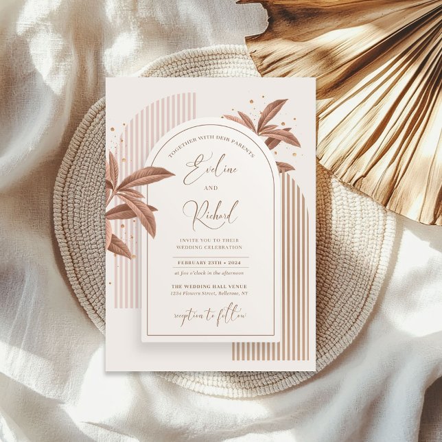 Elegantes Aquarellgold Blätter Bohobarz Einladung (Elegant watercolor brown leaves boho arch gold invitation)
