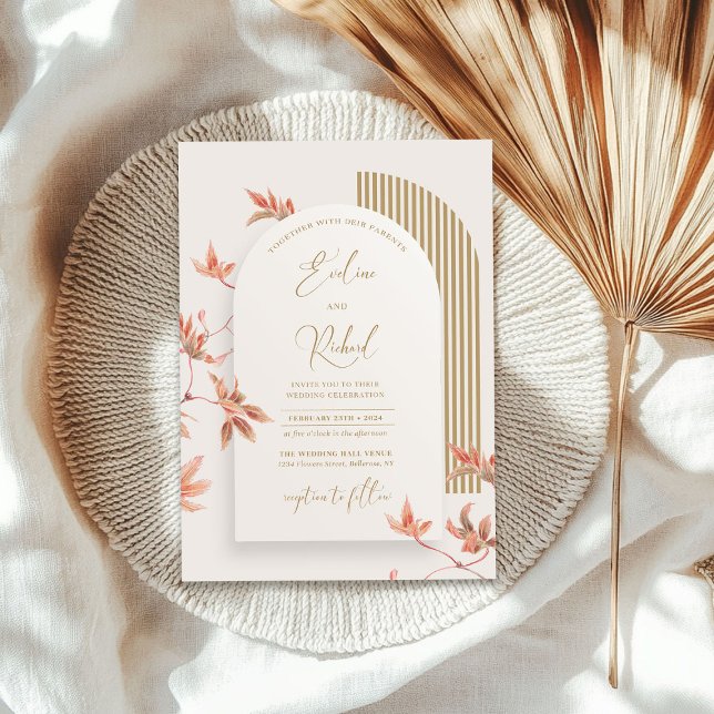Elegantes Aquarellgold-Herbstlaub Einladung (Elegant watercolor fall leaves boho arch gold invitation)