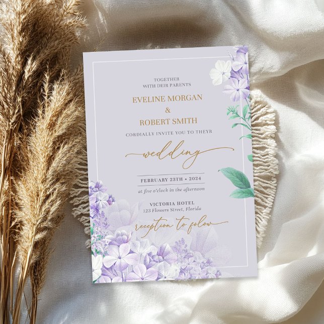 Elegantes Aquarellgold lila Frühlingslila Blume Einladung (Elegant watercolor purple spring lilac flower gold invitation)