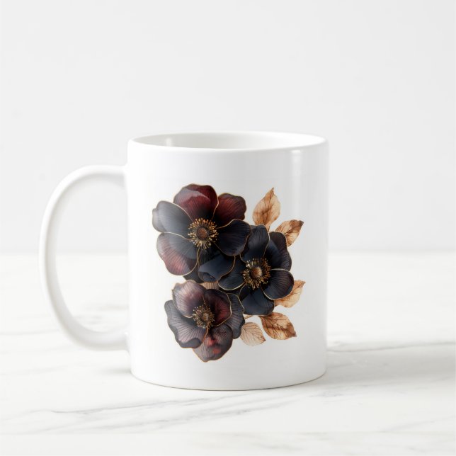 Elegantes Aquarellgold Schwarz-Bordeaux-Blume Kaffeetasse (Links)