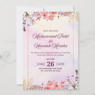 Elegantes Aquarellpinke und Lila Hochzeitsinvit Einladung