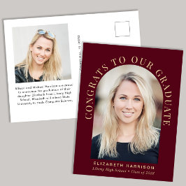 Elegantes Arch Foto Burgundy Gold Abschluss Ankündigungspostkarte