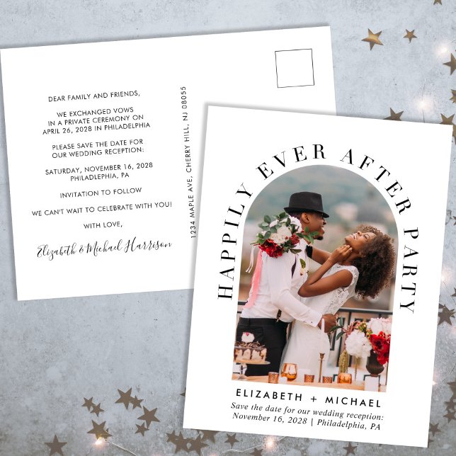 Elegantes Arch Foto Hochzeitsempfang Save the Date Ankündigungspostkarte (Von Creator hochgeladen)